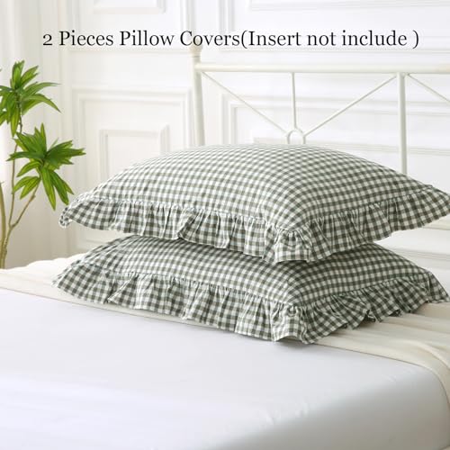 Silnuo Sage Green/White Plaid Ruffled Pillow Covers King Size Washed Cotton Shabby Checkered Gingham Pillow Shams Farmhouse Pillowcase Set of 2-20"x36" by Silnuo - Used condition - Image 5