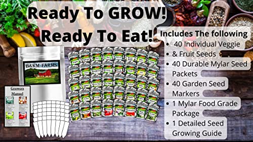40 Vegetable & Fruit Seeds For Planting Your Outdoor & Indoor Home Seed Garden Gear. 10,900 Seeds, 40 Seed Markers, Growing Guide, & Survival Package. Gardening Heirloom Non-Gmo Veggie Seed B&Km Farms #TOP1