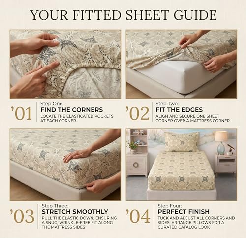 Image of BSB HOME 220 TC Cotton Fitted Single Bedsheet with 1 Pillow Cover, Soft Breathable, Elastic Fit, Fade Resistant, Easy Care - 36 x 72 + 6 Inches (Sandstone Damask)