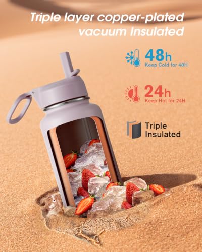 Image of Coolflask 40 oz Water Bottle Insulated with Straw & 3 Leakproof Lids