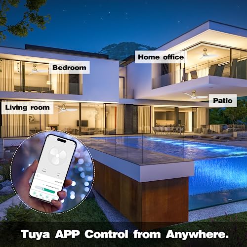 Image of Hoenofly 48 Inch Smart Ceiling Fans with Lights and Remote Control,Dimmable LED Light,Outdoor Indoor Gold White Ceiling Fan,Quiet DC Motor,WIFI Alexa App Workable,for Modern Bedroom Living Room Patio