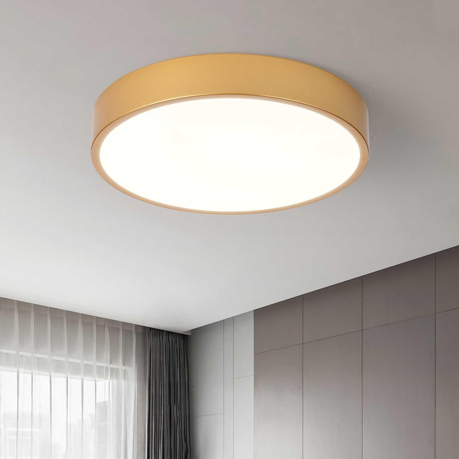 Schindora Gold Metal Ceiling Light, Ø30cm 24W Led Flush Mount, 3 Color Dialing, 3000K/4500K/6000K Round Led For Bedroom, Office, Kitchen, Living