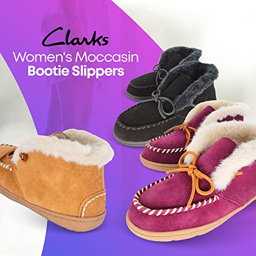 Clarks Women's Moccasin Bootie Slippers, JMH1814B - Suede Indoor/Outdoor Slip-Ons with Faux Fur Lining & Non-Slip Gripped Rubber Outsole - Ladies Comfy & Fluffy Ankle Boots for Winter Use, Dk. Brown,