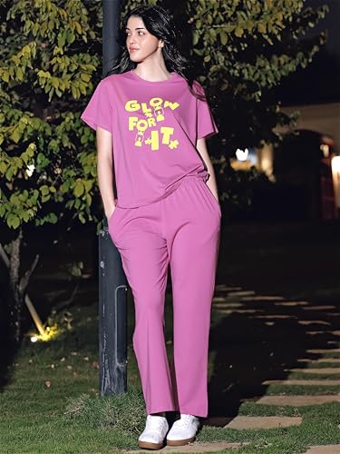 Image of ZEYO Night Suit for Women's Typography Printed Cotton Night Dress of Top and Wide Bottom Pyjama