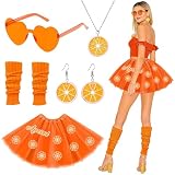 Set de Disfraz de Naranja para Mujer - Tutu Faldón Naranja con Gafas de Corazón, Pendientes, Collar y Polainas, Disfraz de Aperol para Carnaval, Fasching y Fiestas Temáticas