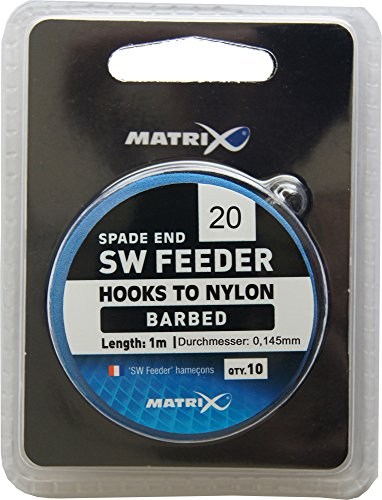 Fox Matrix SW Feeder Hooks to Nylon Barbed - 10 gebundene Angelhaken zum Feederangeln Feederhaken für Friedfisch Haken zum Feedern, Gr./Durchmesser/Tragkraft:Gr. 20 /1.92kg /0.145mm