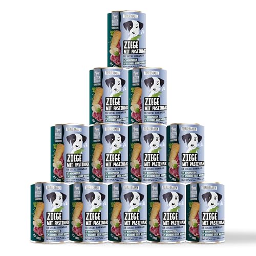 TIERLIEBHABER – Hundefutter Nass 400g 12x Ziege mit Pastinake – Von Tierärzten entwickelt – Nassfutter Hund mit 91% Fleischanteil – Dog Food als Hundenassfutter 400g Dosen