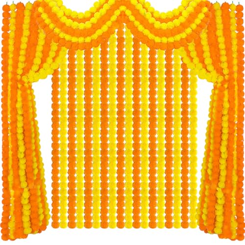Tigeen 24 Pcs 5 ft Long Strands Faux Artificial Marigold Flowers Garland for Wedding Party Mantle Decoration Faux Garlands Wedding Garland Diwali Decoration for Home Christmas (Orange,Yellow)