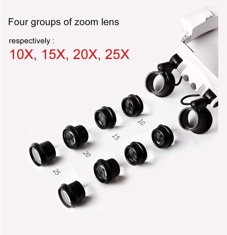 Gafas De Aumento Manos Libres Montadas En La Cabeza Con Iluminación Led - Zoom De 10X A 25X, Con 4 Lentes Desmontables - Utiliza Pilas Aaa, Adecuadas Para Lectura, Lupas Para Joyería, Electrónica R