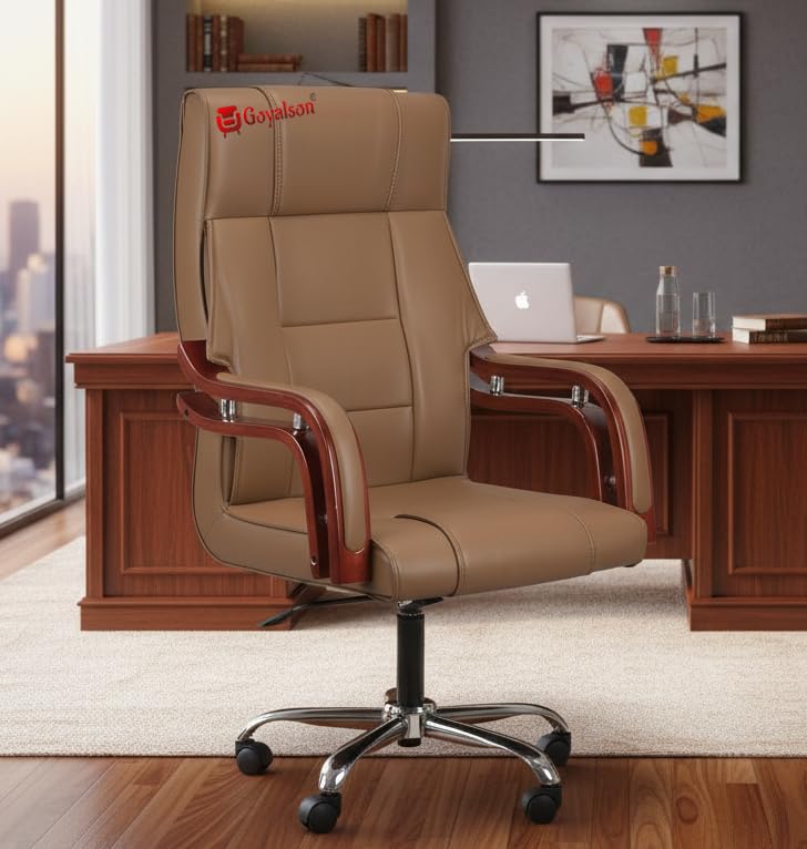 Image of GOYALSON Comfortable Revolving Chair for Director Principal Manager Office with arm Rest with Wheels and Cushioned seat Back (1, Brown, Wooden Handle High Back)