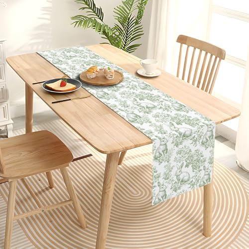 Heyfary Chinoiserie Easter Table Runner Toile de Jouy Vintage Green and White Bunny Spring Party Decoration Home Kitchen Dining Room Table Decor (Green, 13" x 72") - 3