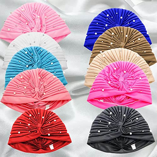 10 Pieces African Women Turban Hat Cap Pre Tied Knot Headscarf Faux Pearl Head Wrap Beanie Bonnet Hijab Soft Stretch Headwrap #TOP3
