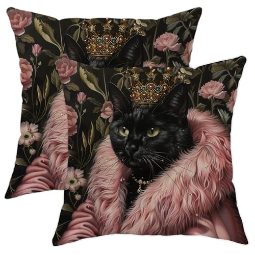 Lot de 2 housses de coussin décoratives de luxe motif chat noir à motif floral royal - décoration baroque vintage pour maison, canapé, canapé, 40,6 x 40,6...