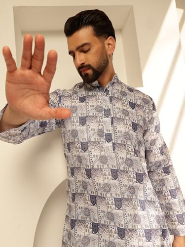 Image of SOJANYA (Since 1958 Men's Cotton Linen Abstract Printed Kurta with White Pyjama