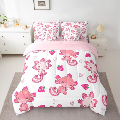 Image of Feelyou Kids Cute Axolotl 7 Pieces Bedding Set King Size, Strawberry Bed in A Bag Boys Girls Kawaii Ocean Sealife Comforter Set with Sheets Cartoon Fruit Teens Bed Set Bedroom Decor 7Pcs