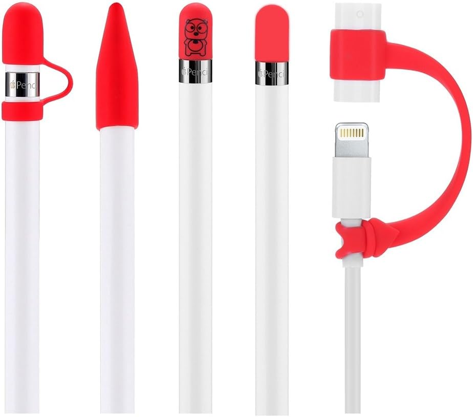 Teyomi 5-Pack Silicone Protective Accessories for Apple Pencil 1st Generation, Includes 2 Apple Pencil Cap Replacements, Apple Pencil Cap Holder, Apple Pencil Tip Cover, Cable Adapter Tether(Red)