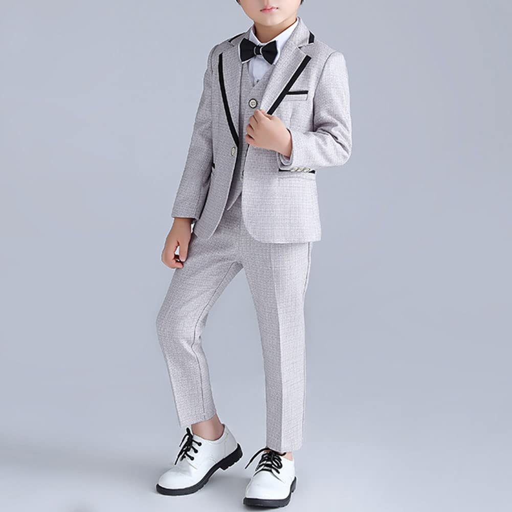 DAIHAN Infantil Traje de niño Actuación Boda Cumpleaños Fiesta Ceremonia Ropa Formal Conjunto de Smoking Chaleco de Vestir Blazer intura Elástica Pantalones Elegantes con Pajarita 2-7 años