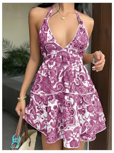Image of SOLY HUX Women's Summer Boho Paisley Print Halter Dress Deep V Neck Tie Backless Sleeveless Mini Dresses Sundress