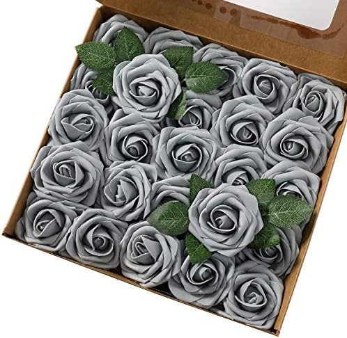 Artificial Flowers Rose Real Looking Fuchsia Fake Foam Roses for DIY Wedding Bouquets Centerpieces Bridal Shower Party Home Decoration (Ivory, 25pcs)