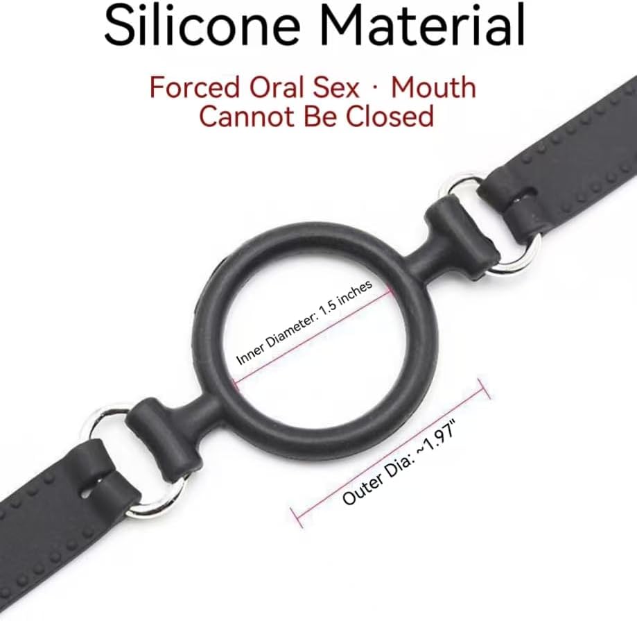 BDSM Adjustable Silicone Ring Gag with Metal Rings, Comfort-Fit Open Mouth Restraint Strap for Couples Play, Black, One Size