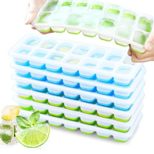 VEHHE Ice Cube Trays 6 PACK, Reusable Silicone 14-Ice Cube Trays with Spill-Resistant Removable Lid, Flexible and Odorless, for Whiskey and Cocktails