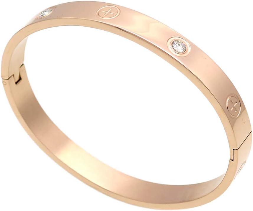 Luxury Gold -Plated Stainless Steel with CZ Stone Simple Style Love Bangle Bracelet for Women Men (Rose size 16cm)