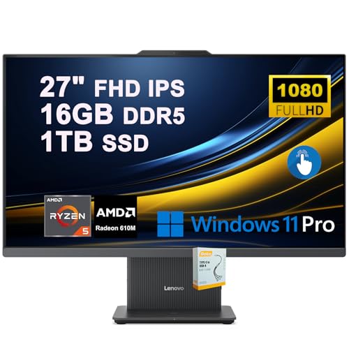 Image of Lenovo IdeaCentre AIO Desktop | 27 inch FHD IPS Touchscreen (99% sRGB) | AMD 6-core AMD Ryzen 5 7535HS | 16GB DDR5 1TB SSD | Type-C Harman Speaker Wi-Fi6 5MP Camera Win11Pro w /DLCA Accessory