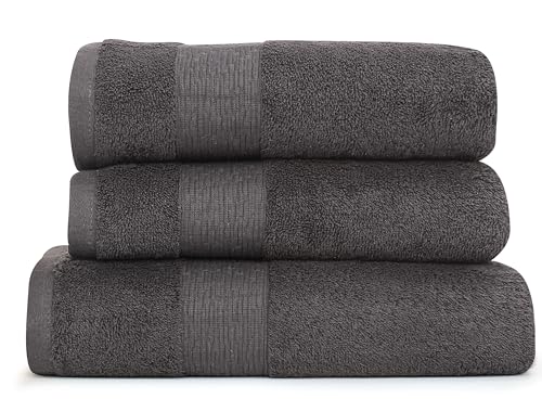 Heim24h - Handtuch-Set 3-teilig, 1 Badetücher, 70 x 140 cm, 2 Handtücher, 50 x 100 cm, Anthrazit, weich, saugfähig und schnell trocknend, 100% Baumwolle, 550 g/m², Oeko-TEX® Zertifiziert