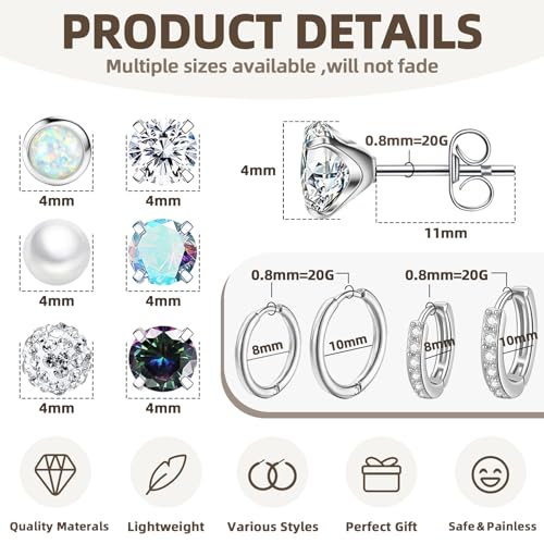10 Pairs Stainless Steel Stud Earrings Colorful CZ Stud Earrings 20G Stud Earings 8mm 10mm Hoop Earrings Cartilage Earrings For Women Men2
