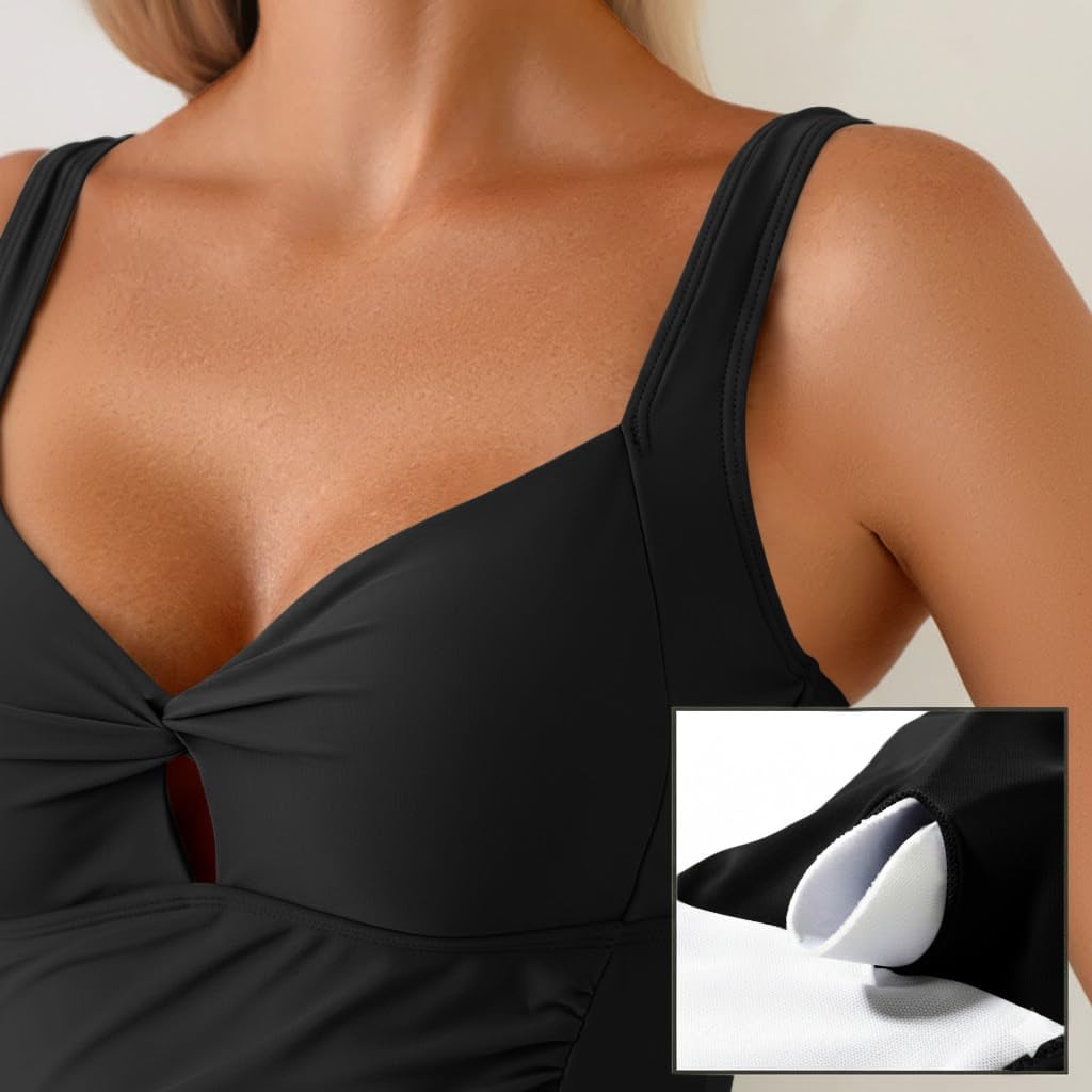 One Piece Swimsuits for Women Tummy Control Ruched Twist Front Bathing Suits Vintage V Neck Swimwear - Image 4