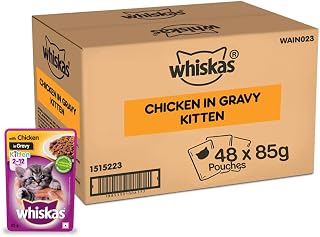 Whiskas बिल्ली का बच्चा (2-12 महीने) गीला बिल्ली का खाना, ग्रेवी स्वाद में चिकन, 48 x 85 ग्राम पाउच
