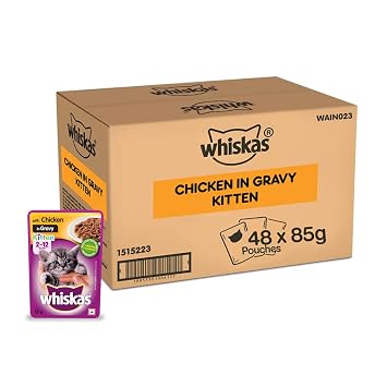 Whiskas Wet Cat Food for Kittens (2-12 Months), Chicken in Gravy Flavour, 48 Pouches (48 x 85g)