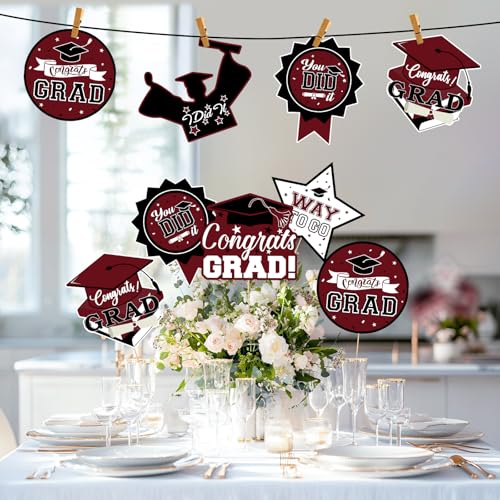 Image of 24Pcs Graduation Party Decorations Class of 2026, Graduation Centerpieces for Tables, 2026 Congrats Grad Party Centerpiece Stick Table Toppers for Graduation Party Supplies (Maroon)