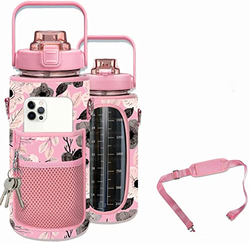 YTYLBD 1,8 l große auslaufsichere Sport-Trinkflasche aus Kunststoff, motivierende Wasserflasche mit Strohhalm und Riemen und isoliertem Neoprenständer für Damen und Herren (D) Cover