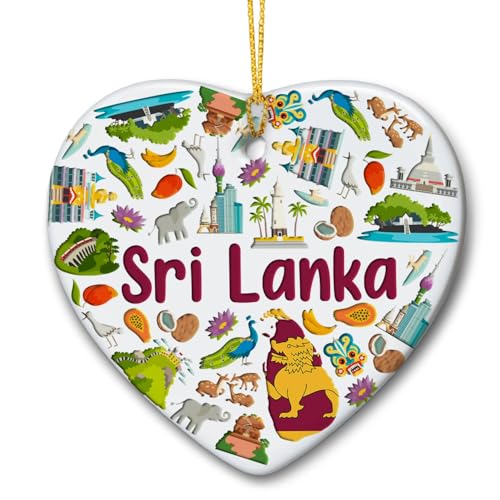 Lotacy Sri Lanka Heart Ceramic Christmas Ornament with Flag Symbols, Sri Lanka Home Decor, Sri Lanka Gifts and Souvenirs