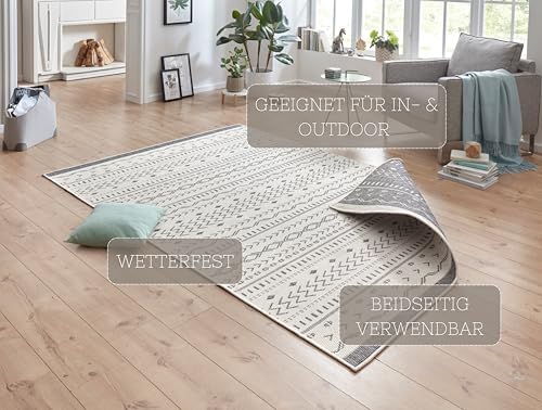 NORTHRUGS In- und Outdoor Teppich Kuba 160x230cm - Wendeteppich Wetterfest Boho Design Ethno Muster Läufer für Balkon Terrasse Garten Wintergarten Wohnzimmerteppich Wasserfest in Grau Creme