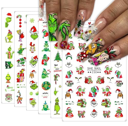 Christmas Nail Art Stickers Funny Cartoon Green Monster Design 3D Self-Adhesive Nail Decals Xmas Tree Santa Claus Acrylic Nail Decor Winter Nail DIY Manicure Accessories for Women