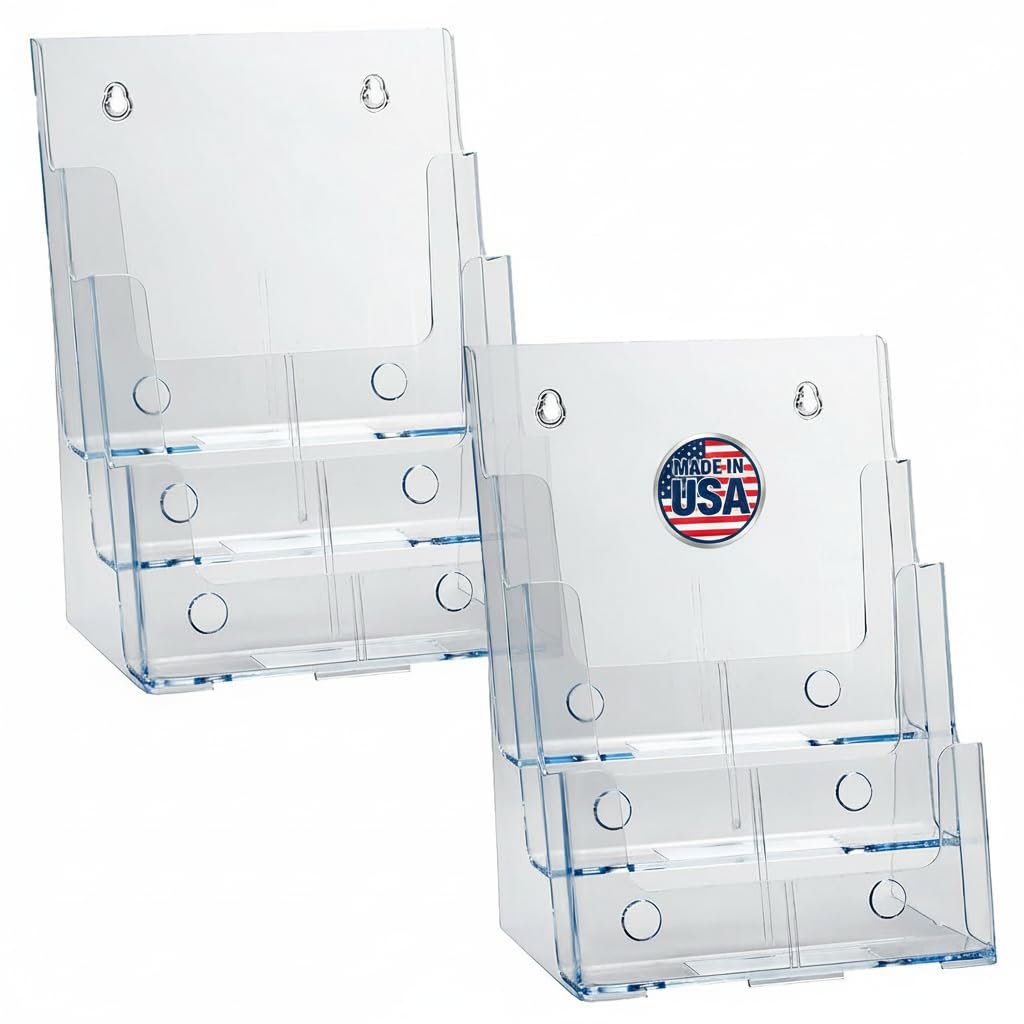 Azar Displays 252378-2PK Brochure Holder 8.5"x11", Acrylic Desk Organizer, Three Tier Document, Magazine & Sign Holder, Wall Mount Desk Accessories (2-Pack)