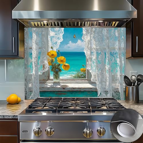 Cmialusie Tropical Ocean Kitchen Wallpaper Peel and Stick Stove Backsplash Yellow Flower Window View Coastal Decorative Wall Cover for Holiday Dining Rooms 35.4x23.6 Inch 90x60 cm