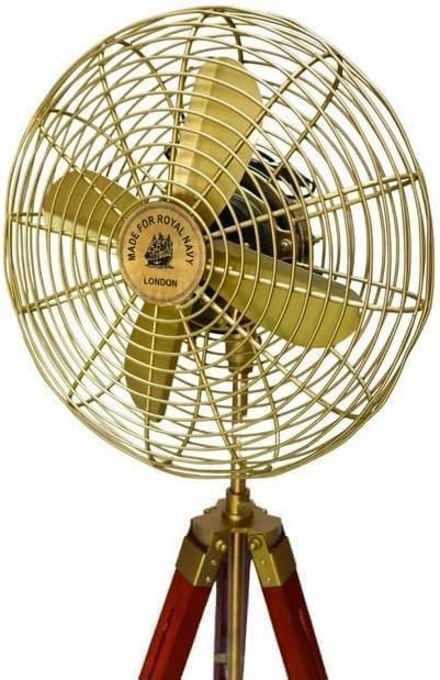 Vintage Style Electric Pedestal Fan, Handmade Brass with Wooden Adjustable Tripod Stand, Antique Retro Design, Corded Power, Functional Home Decor Collectible