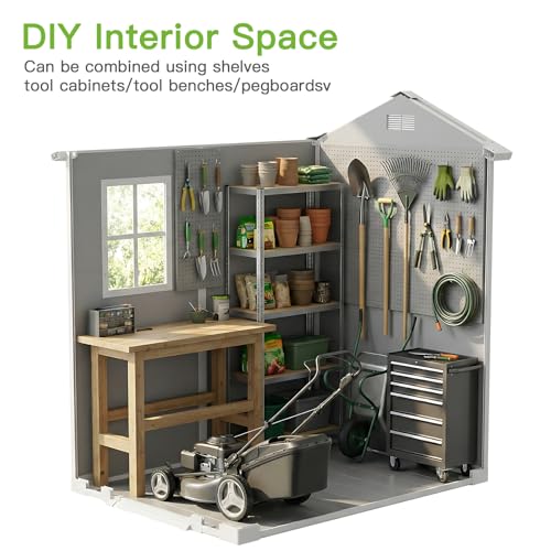 AIRAJ 4x6 FT Outdoor Storage Shed,Resin Storage Shed with Floor/Window/Vent/Roof Rainwater Drainage/Lockable Door,All-Weather Plastic Garden Sheds,for Yard,Garden,Poolside,Lawn Mower,Seasonal Items - Image 6