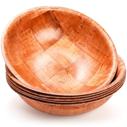 Elsjoy Paquete de 6 ensaladeras tejidas de madera de 10 pulgadas, cuencos redondos de madera irrompibles grandes de ensalada de madera, pasta, palomitas de maíz
