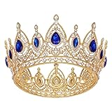 SWEETV Queen Crowns for Women Gold Blue Full Round Tiara Sapphire Crystal Royal Crown for Birthday Pageant Prom Princess Hair Accessories