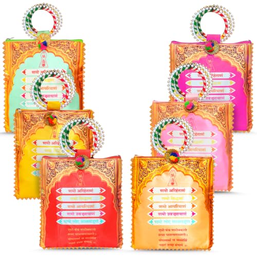 Image of Women Potli Bags Pack of 24 | Navkar Mantra Printed Gifting Potli with Zip & Bangle Handle | Traditional Shagun Return Gifts