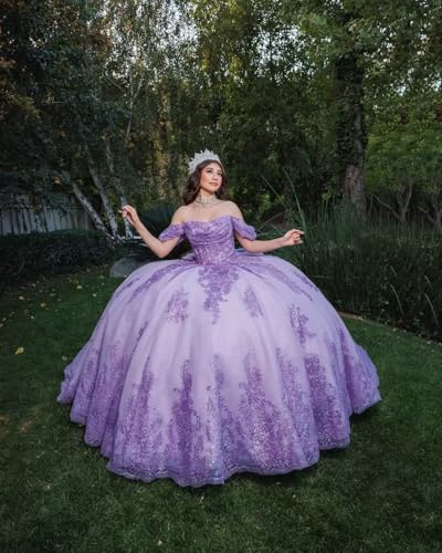 Mauuwy Sparkly Beaded Quinceanera Dresses Puffy Lace Glitter Applique 15 Dresses Off Shoulder XV Ball Gowns with Bow4