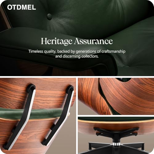 Image of Luxury Top Green Grain Leather, Mid Century Chaise Lounge Chair and Ottoman, Modern Chair Classic Design, Rosewood, Heavy Duty Base Support for Living Room Office