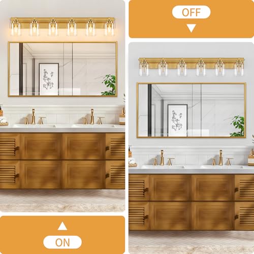 BrkNit Modern Bathroom Light Fixtures Over Mirror, Vanity Lights for Bathroom Wall Sconces with Clear Glass Shades, E26 Socket (Bulbs Not Included), 6 Light, Brass by BrkNit - Used condition - Image 7