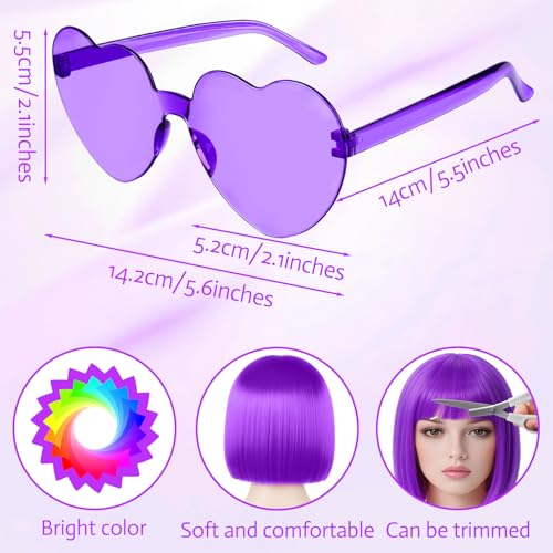 Image of MEEZY 1Pcs Purple Short Bob Wigs Straight Hair with Flat Bangs Heart Sunglasses for Women, Colorful Funny Cosplay Party Neon Wig Synthetic Natural As Real Carnival Halloween Costume