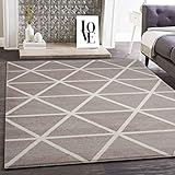 VIMODA Teppich Wohnzimmer Pastellfarben Rauten Design Robust Kurzflorig in versch. Farben, Farbe:Beige, Maße:140x200 cm