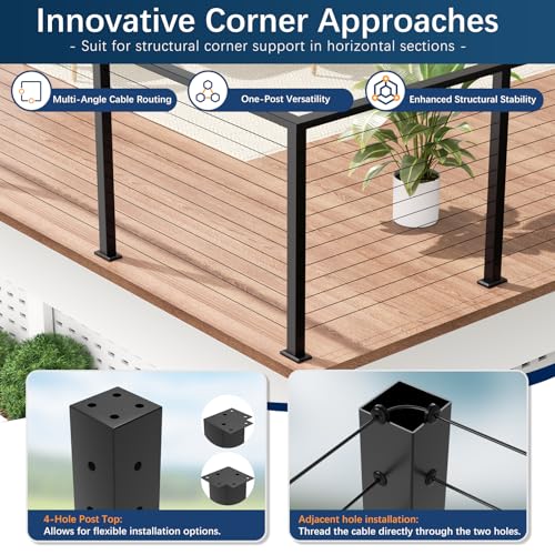 Image of 42 inch L-Drilled Corner Cable Railing Post, Two-Side Holes Stainless Steel T304 Corner Rail Post, Upgraded Black One-Post Corner Solution, Wire Metal Post for Indoor Outdoor Corner Railing